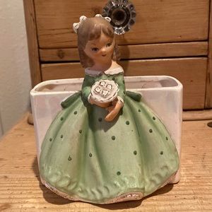 Flower vase vintage ..girl with green dress holding bouquet made in Japan